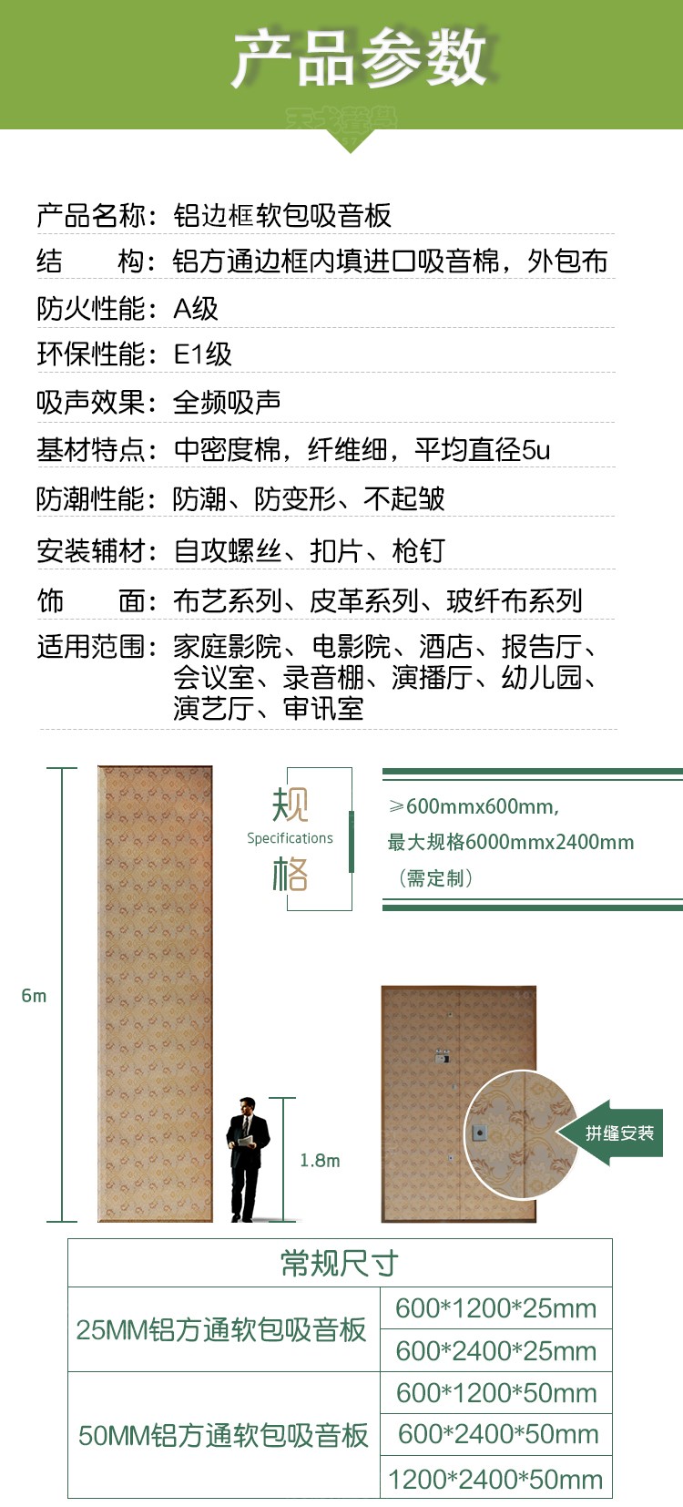 鋁邊框軟包吸音板產(chǎn)品參數(shù)
